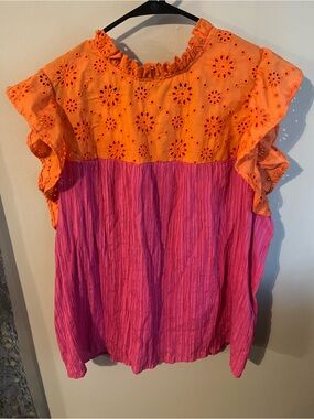SHEIN Orange Eyelet Ruffle-Yoke Pink Crinkle Top